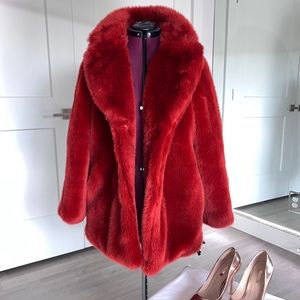 Red H&M faux fur coat